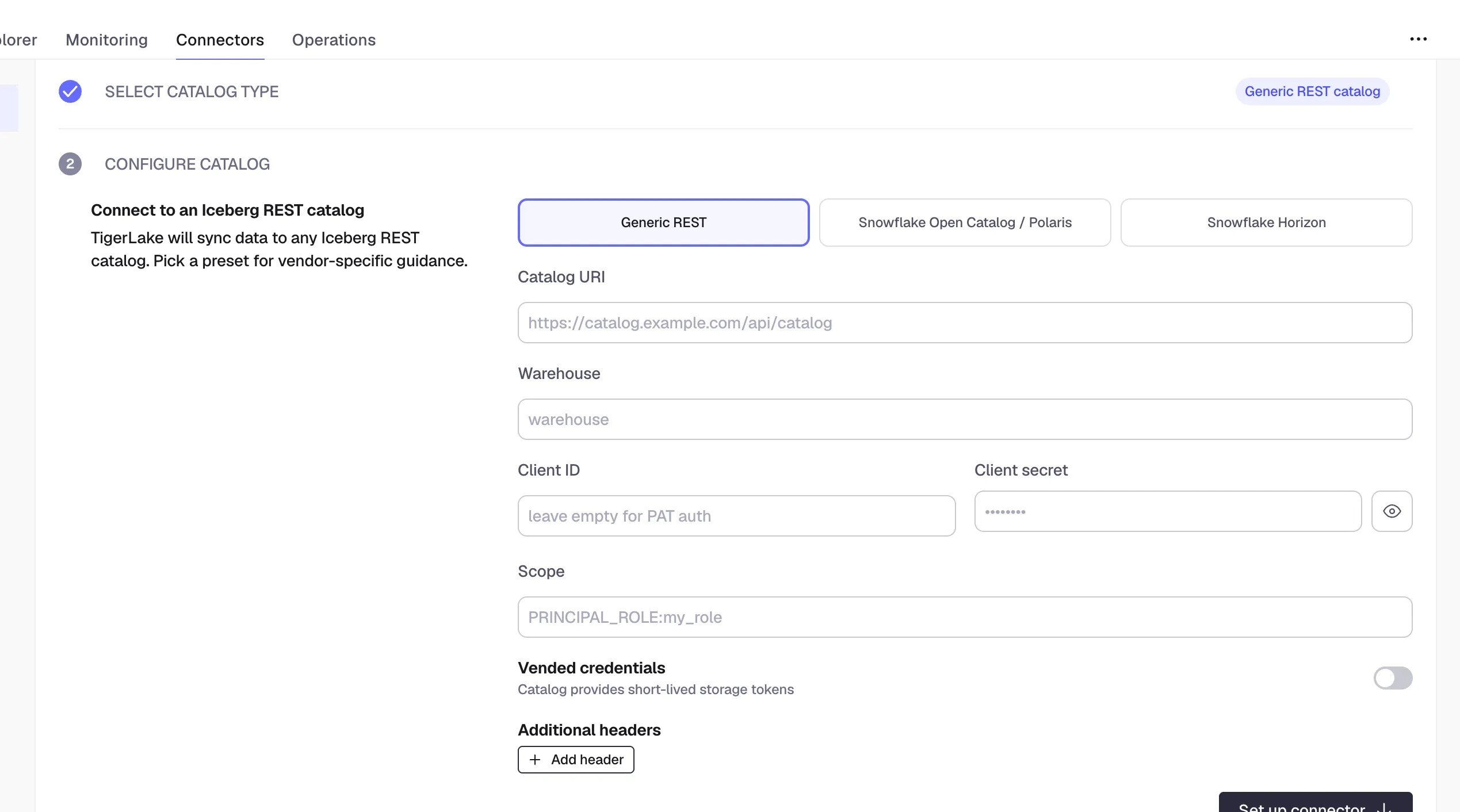 Connector setup in Tiger Console showing the Iceberg REST catalog configuration form with catalog URI, warehouse, client ID and secret, scope, and vended credentials fields